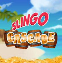 Slingo Cascade Logo mit Fässern vor einem Strand